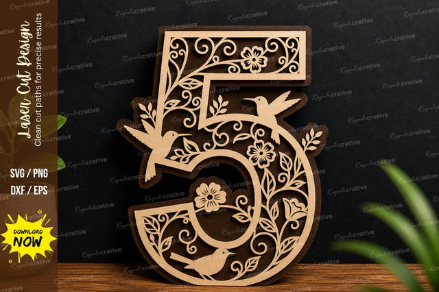 Floral Number 5 Laser Cut Decorative Design SVG Regulrcrative 