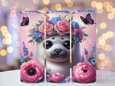Floral Ocean Seal Tumbler Design, Floral Animal, Ocean Theme, Sublimation Art, 20oz Tumbler, Nature Wrap, Playful Design Sublimation SvggirlplusArt 