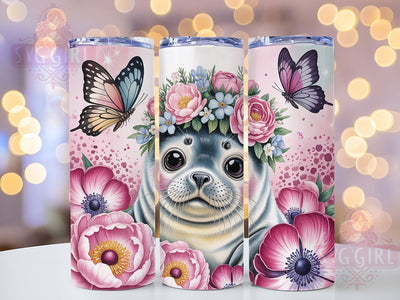 Floral Ocean Seal Tumbler Design, Floral Animal, Ocean Theme, Sublimation Art, 20oz Tumbler, Nature Wrap, Playful Design Sublimation SvggirlplusArt 