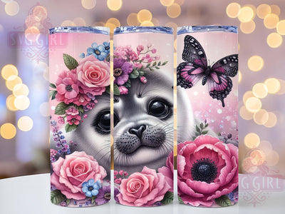 Floral Ocean Seal Tumbler Design, Floral Animal, Ocean Theme, Sublimation Art, 20oz Tumbler, Nature Wrap, Playful Design Sublimation SvggirlplusArt 
