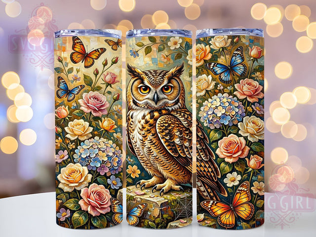 Floral Owl Amber Eyes 20oz Tumbler, Amber Eyes, Butterfly Motif, Detailed Feathers, Majestic Bird, Skinny Tumbler, Sublimation PNG Sublimation SvggirlplusArt 