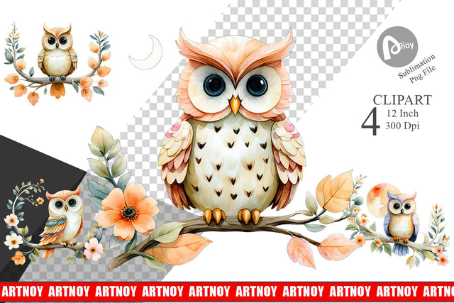 Floral Owl Watercolor Clipart Sublimation artnoy 