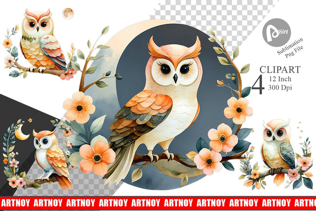 Floral Owl Watercolor Clipart Sublimation artnoy 