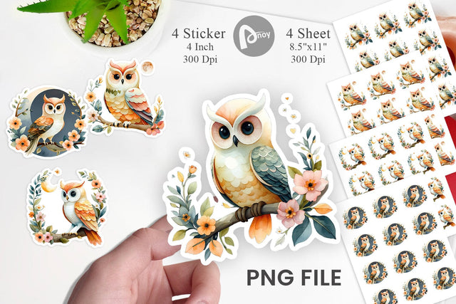 Floral Owl Watercolor Sticker Sublimation artnoy 