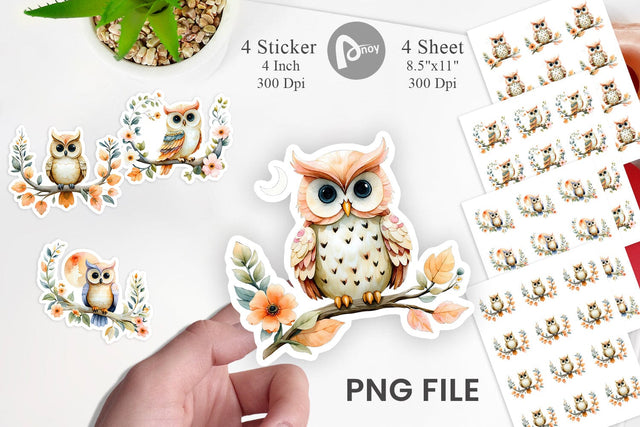 Floral Owl Watercolor Sticker Sublimation artnoy 