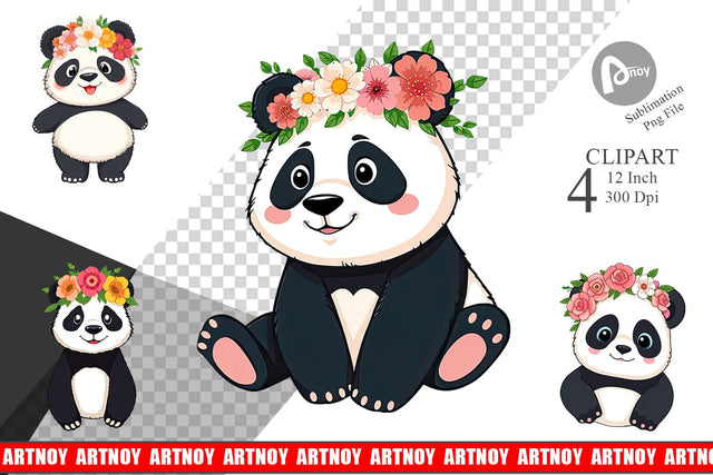 Floral Panda Clipart Sublimation artnoy 