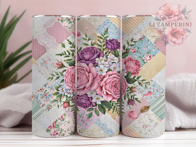 Floral Patchwork Art 20oz Tumbler, Floral Patchwork, Flower Motif, Vintage Style, Whimsical Design, Repeating Pattern, Skinny Tumbler, Sublimation PNG Sublimation Li Zamperini 