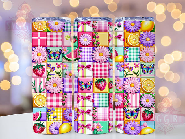 Floral Patchwork Fruit 20oz Tumbler Wrap, Floral Patchwork, Fruit Motif, Colorful Pattern, Nature Theme, Whimsical Charm, Skinny Tumbler, Sublimation PNG Sublimation SvggirlplusArt 