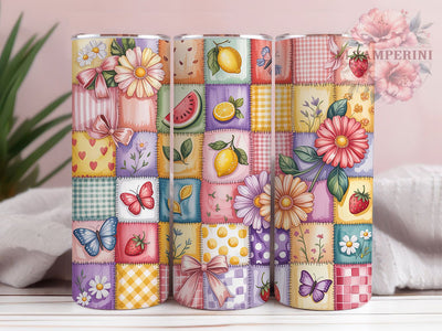 Floral Patchwork Summer Fun 20oz Tumbler, Summer Fruit, Cheerful Design, Bright Colors, Whimsical Style, 20oz Tumbler Wrap, Sublimation PNG Sublimation Li Zamperini 