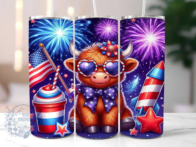 Floral Patriotic Highland Cow 20oz Skinny Tumbler, Baby Highland Cow 4th of July Tumbler Png, Straight & Tapered Tumbler Wrap, Instant Digital Download Sublimation ToriDesigns 