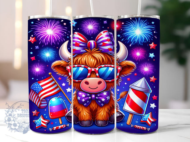 Floral Patriotic Highland Cow 20oz Skinny Tumbler, Baby Highland Cow 4th of July Tumbler Png, Straight & Tapered Tumbler Wrap, Instant Digital Download Sublimation ToriDesigns 
