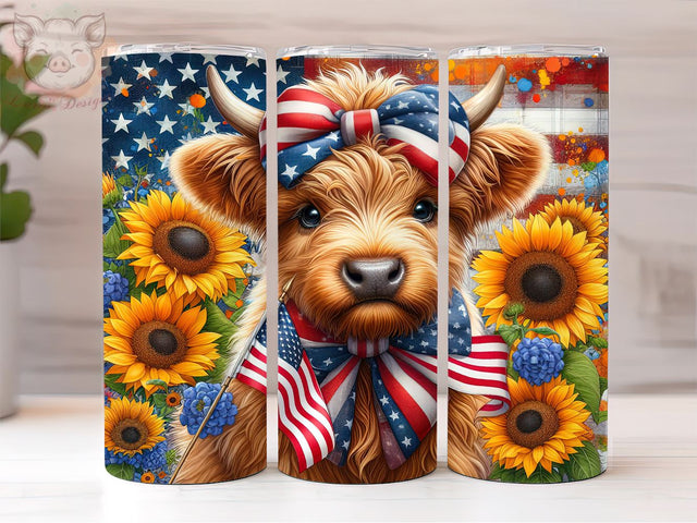 Floral Patriotic Highland Cow 20oz Tumbler Png, Straight & Tapered Tumbler Png, Sunflowers American Flag 4th of July Tumbler Png, Digital Download PNG Sublimation Lara' s Designs 