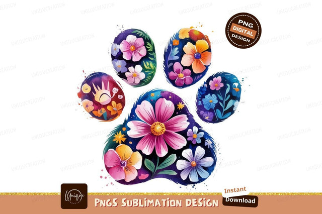 Floral Paw Print Colorful Illustration Sublimation Png Sublimation Designangry 