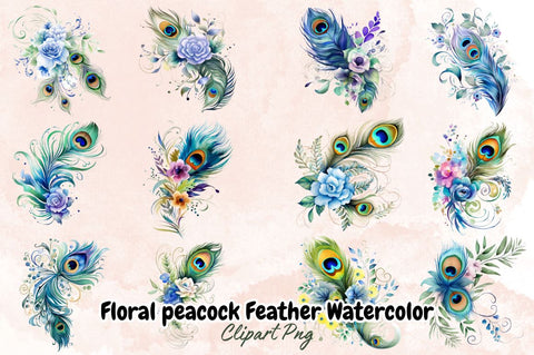 Floral peacock Feather Watercolor Sublimation Bundle Sublimation Designangry 