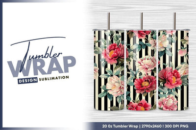 Floral Peonies With Striped Background Tumbler Png Sublimation Regulrcrative 