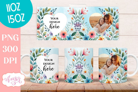 Floral photo mug template for sublimation customizable Sublimation Amorclipart 