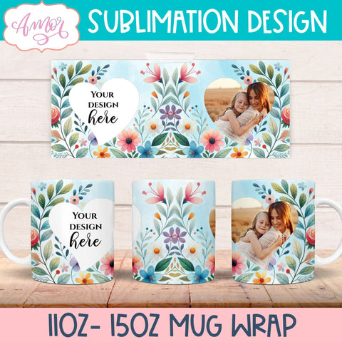 Floral photo mug template for sublimation customizable Sublimation Amorclipart 