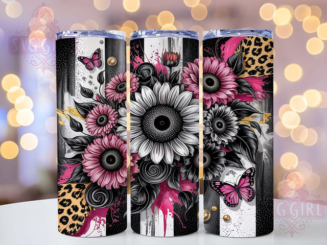 Floral Pink Leopard Garden Tumbler Wrap, Floral Animal Print, Girly Pattern Design, Summer Garden Cup, Feminine Safari Art, Butterfly Nature Wrap, Mixed Pattern Sublimation Sublimation SvggirlplusArt 