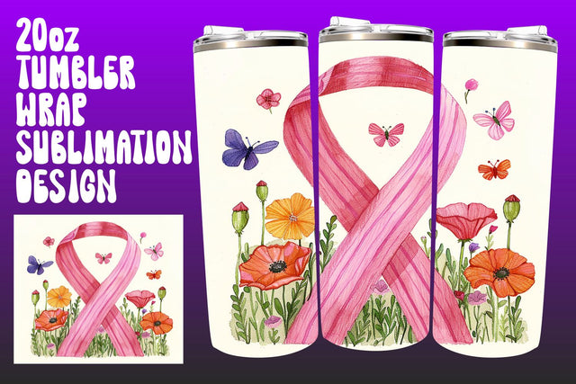Floral Pink Ribbon Tumbler Wrap Design Sublimation afrosvg 