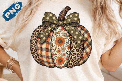 Floral Pumpkin PNG Fall Sublimation Design Gingham Bow Autumn Clipart Rustic Farmhouse Thanksgiving Png SVG DesignDestine 