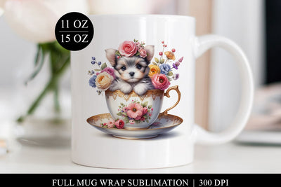 Floral Puppy Mug Wrap Digital Download, Full Mug Sublimation Sublimation BijouBay 