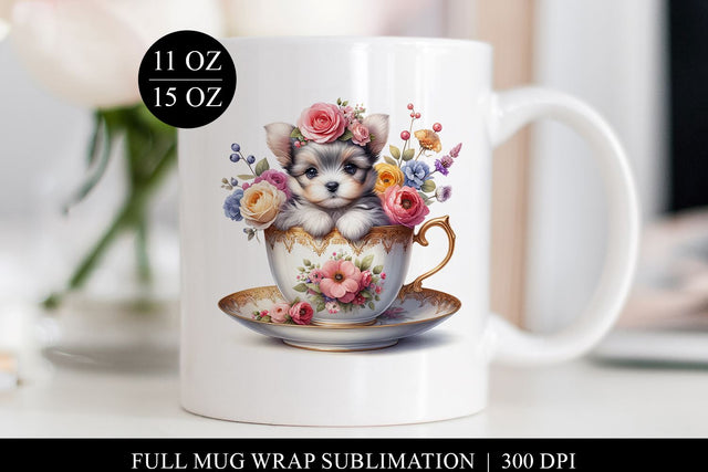 Floral Puppy Mug Wrap Digital Download, Full Mug Sublimation Sublimation BijouBay 