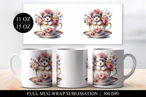 Floral Puppy Mug Wrap Digital Download, Full Mug Sublimation Sublimation BijouBay 