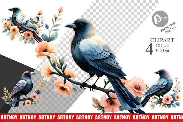 Floral Raven Watercolor Clipart Sublimation artnoy 