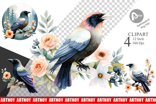 Floral Raven Watercolor Clipart Sublimation artnoy 