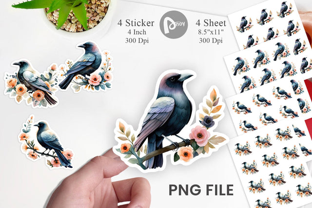 Floral Raven Watercolor Sticker Sublimation artnoy 