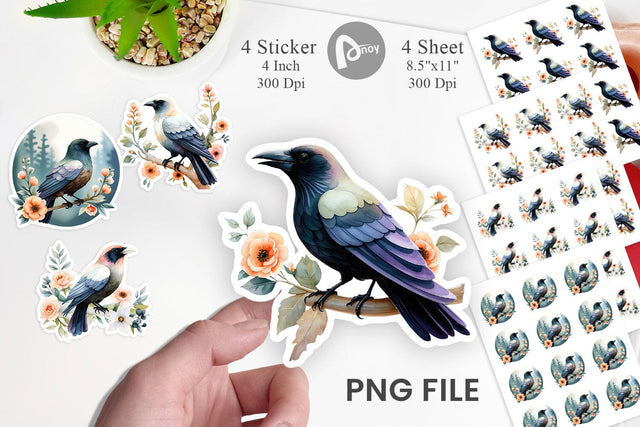 Floral Raven Watercolor Sticker Sublimation artnoy 