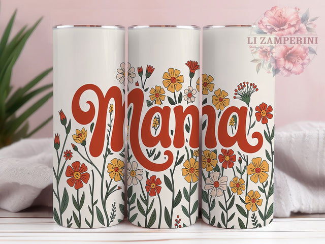 Floral Retro Mama 20oz Tumbler, Retro Mama Tumbler, 20oz Sublimation Wrap, Vintage Mama Drinkware, Aesthetic Mom Gift, Boho Mama Tumbler, Retro Floral Design Tumbler Sublimation Li Zamperini 