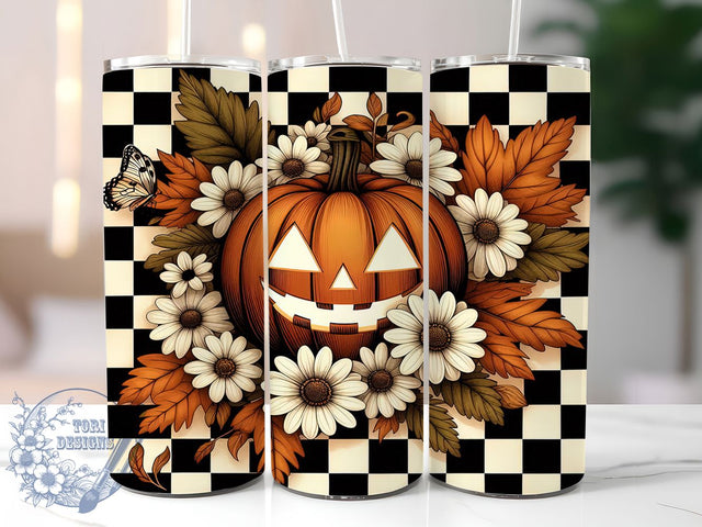 Floral Retro Pumpkin Halloween Tumbler, Retro Fall Cup Wrap, 20Oz Sublimation, Vintage Pumpkin Drinkware, Groovy Autumn Mug, Flower Power Halloween Wrap, Cute Cozy Cup Print Sublimation ToriDesigns 