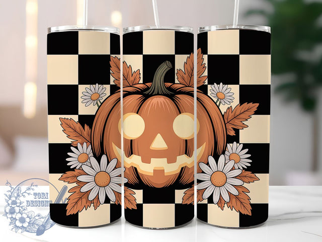 Floral Retro Pumpkin Halloween Tumbler, Retro Fall Cup Wrap, 20Oz Sublimation, Vintage Pumpkin Drinkware, Groovy Autumn Mug, Flower Power Halloween Wrap, Cute Cozy Cup Print Sublimation ToriDesigns 
