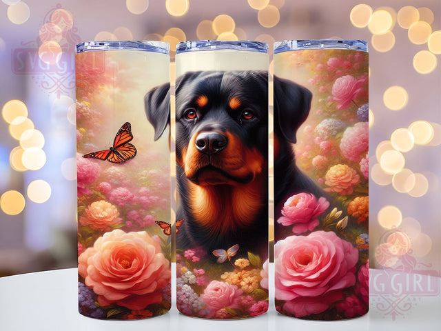 Floral Rottweiler Dog 20oz Tumbler, Watercolor Floral Wrap, Butterfly Cup Design, Sublimation Tumbler Wrap, 20Oz Tumbler Design, Pet Lover Cup, Artistic Dog Tumbler Sublimation SvggirlplusArt 