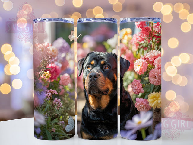 Floral Rottweiler Dog 20oz Tumbler, Watercolor Floral Wrap, Butterfly Cup Design, Sublimation Tumbler Wrap, 20Oz Tumbler Design, Pet Lover Cup, Artistic Dog Tumbler Sublimation SvggirlplusArt 