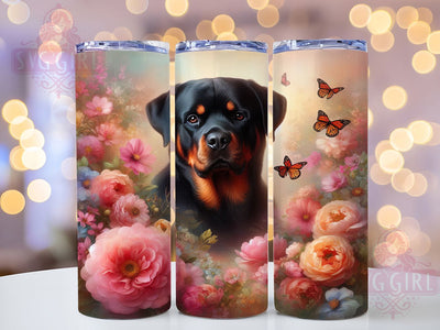 Floral Rottweiler Dog 20oz Tumbler, Watercolor Floral Wrap, Butterfly Cup Design, Sublimation Tumbler Wrap, 20Oz Tumbler Design, Pet Lover Cup, Artistic Dog Tumbler Sublimation SvggirlplusArt 