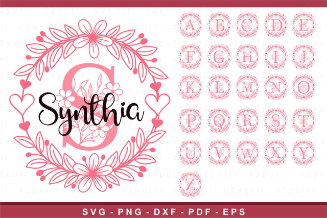 Floral round monogram font alphabet letters family name sign svg design SVG D2PUTRI Designs 