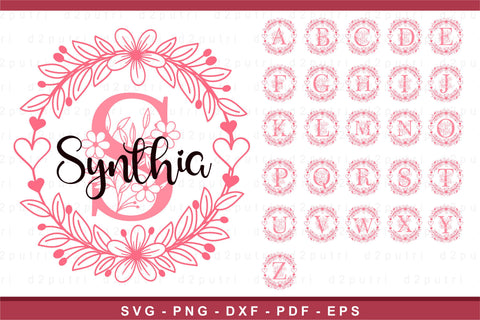 Floral round monogram font alphabet letters family name sign svg design SVG D2PUTRI Designs 