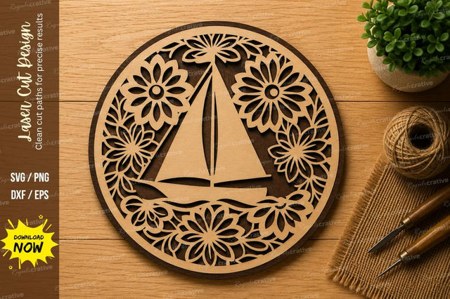 Floral Sailboat Circle Laser Cut SVG Design SVG Regulrcrative 