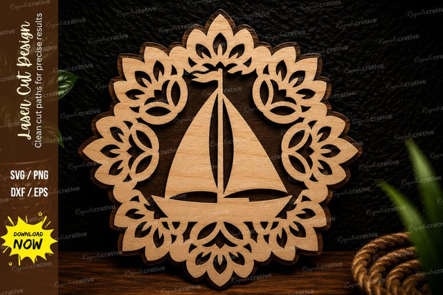 Floral Sailboat Round Frame Laser Cut SVG Design SVG Regulrcrative 