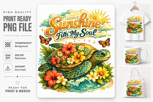 Floral Sea Turtle PNG Sunshine Fills My Soul Coastal Sublimation Design SVG BillahCrafts 