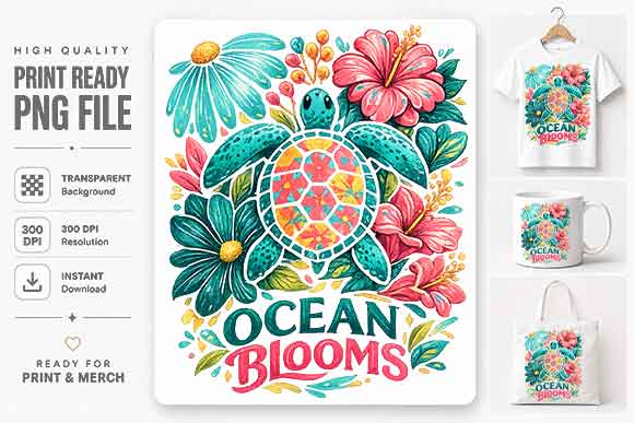 Floral Sea Turtle Sublimation PNG Coastal Ocean Wildlife Digital Download SVG BillahCrafts 
