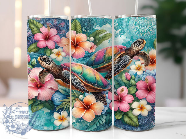 Floral Sea Turtle Tumbler, Turtle Tumbler Design, 20Oz Sublimation, Ocean Turtle Printable, Floral Beach Turtle, Tropical Floral Wrap, Coastal Turtle Art Sublimation ToriDesigns 