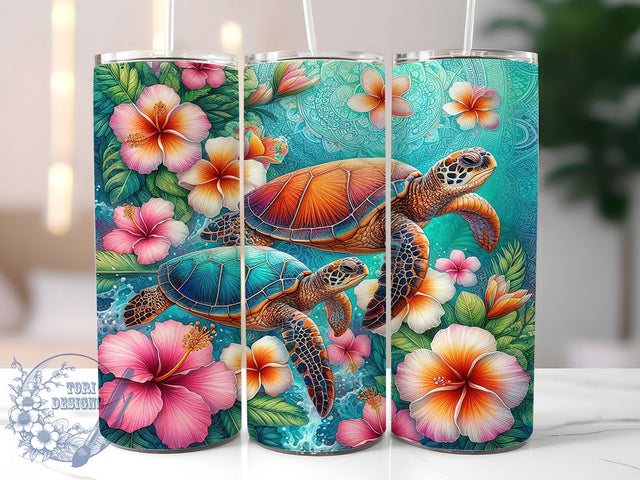 Floral Sea Turtle Tumbler, Turtle Tumbler Design, 20Oz Sublimation, Ocean Turtle Printable, Floral Beach Turtle, Tropical Floral Wrap, Coastal Turtle Art Sublimation ToriDesigns 