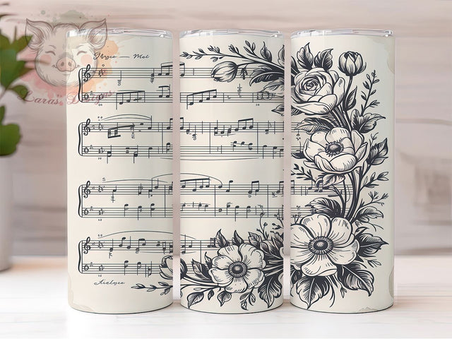 Floral Sheet Music Lover Tumbler, Musical Notes Sublimation Design, Floral Music Art, 20oz Music Lover Tumbler, Whimsical Music Mug, Elegant Flower Cup, Artistic Music Wrap Sublimation Lara' s Designs 