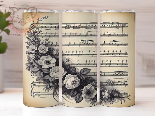 Floral Sheet Music Lover Tumbler, Musical Notes Sublimation Design, Floral Music Art, 20oz Music Lover Tumbler, Whimsical Music Mug, Elegant Flower Cup, Artistic Music Wrap Sublimation Lara' s Designs 