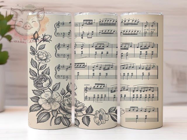 Floral Sheet Music Lover Tumbler, Musical Notes Sublimation Design, Floral Music Art, 20oz Music Lover Tumbler, Whimsical Music Mug, Elegant Flower Cup, Artistic Music Wrap Sublimation Lara' s Designs 