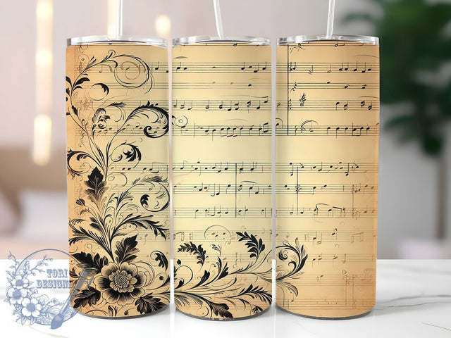 Floral Sheet Music Notes Tumbler Wrap, Floral Sheet Music Cup, Musical Theme Sublimation, Vintage Music Lover Tumbler, Artistic Piano Notes Wrap, Elegant Music Drinkware Sublimation ToriDesigns 
