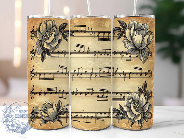 Floral Sheet Music Notes Tumbler Wrap, Floral Sheet Music Cup, Musical Theme Sublimation, Vintage Music Lover Tumbler, Artistic Piano Notes Wrap, Elegant Music Drinkware Sublimation ToriDesigns 